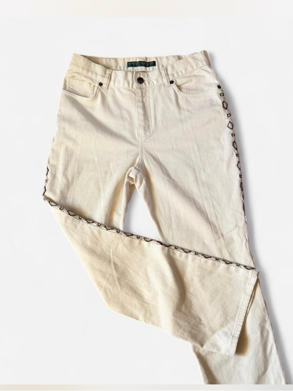 Ralph Lauren, Lauren Cream Women’s Jeans with beaded Side Trim detail